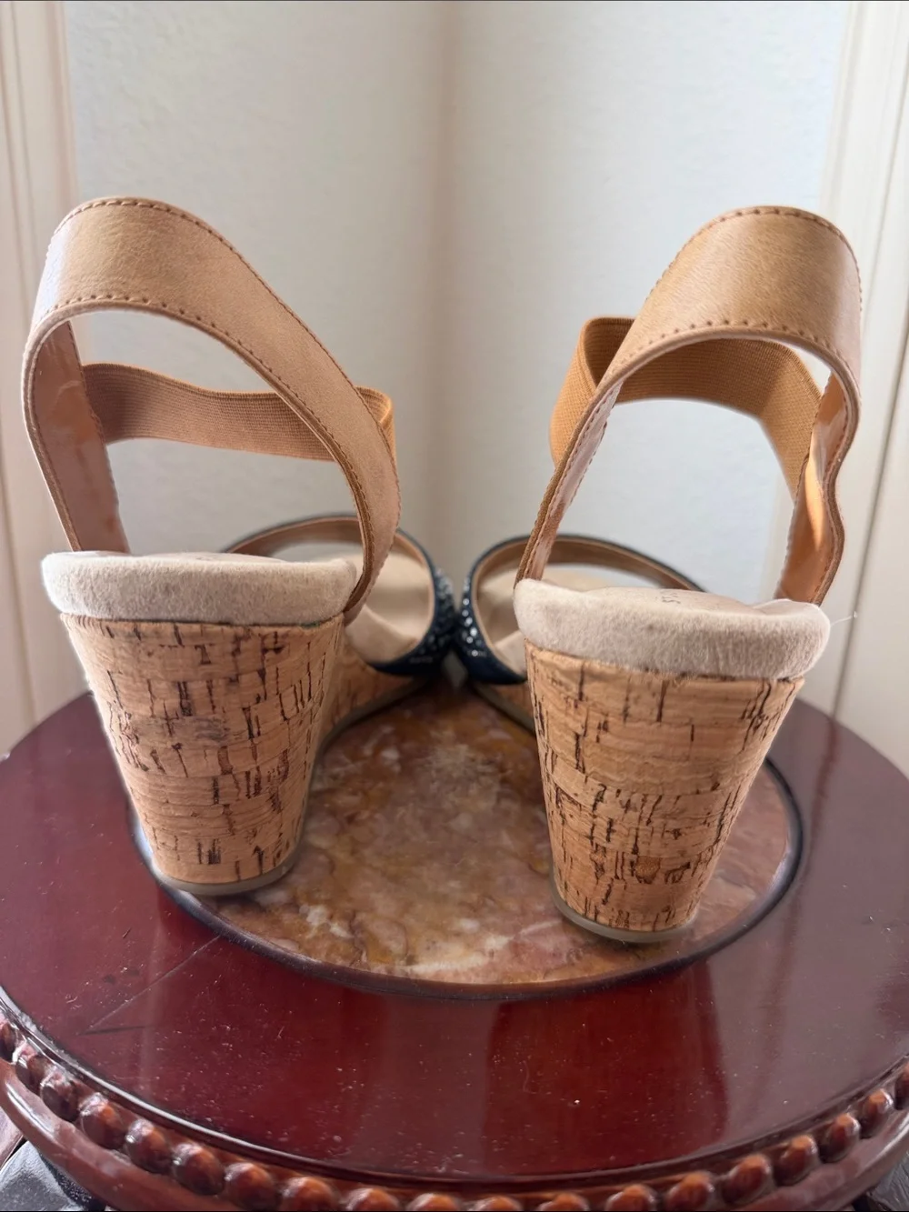 St. John’s Bay Wedge Sandals 8 Silver Studs Denim Straps & Tan Elastic Strap